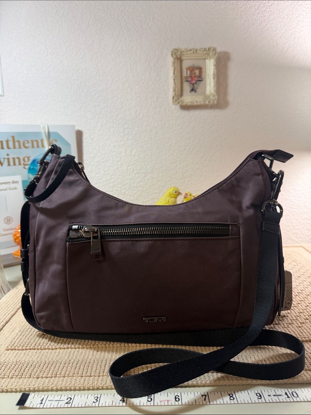 TUMI Mauve Purple Nylon Crossbody Bag Black Leather Trim Travel Purse